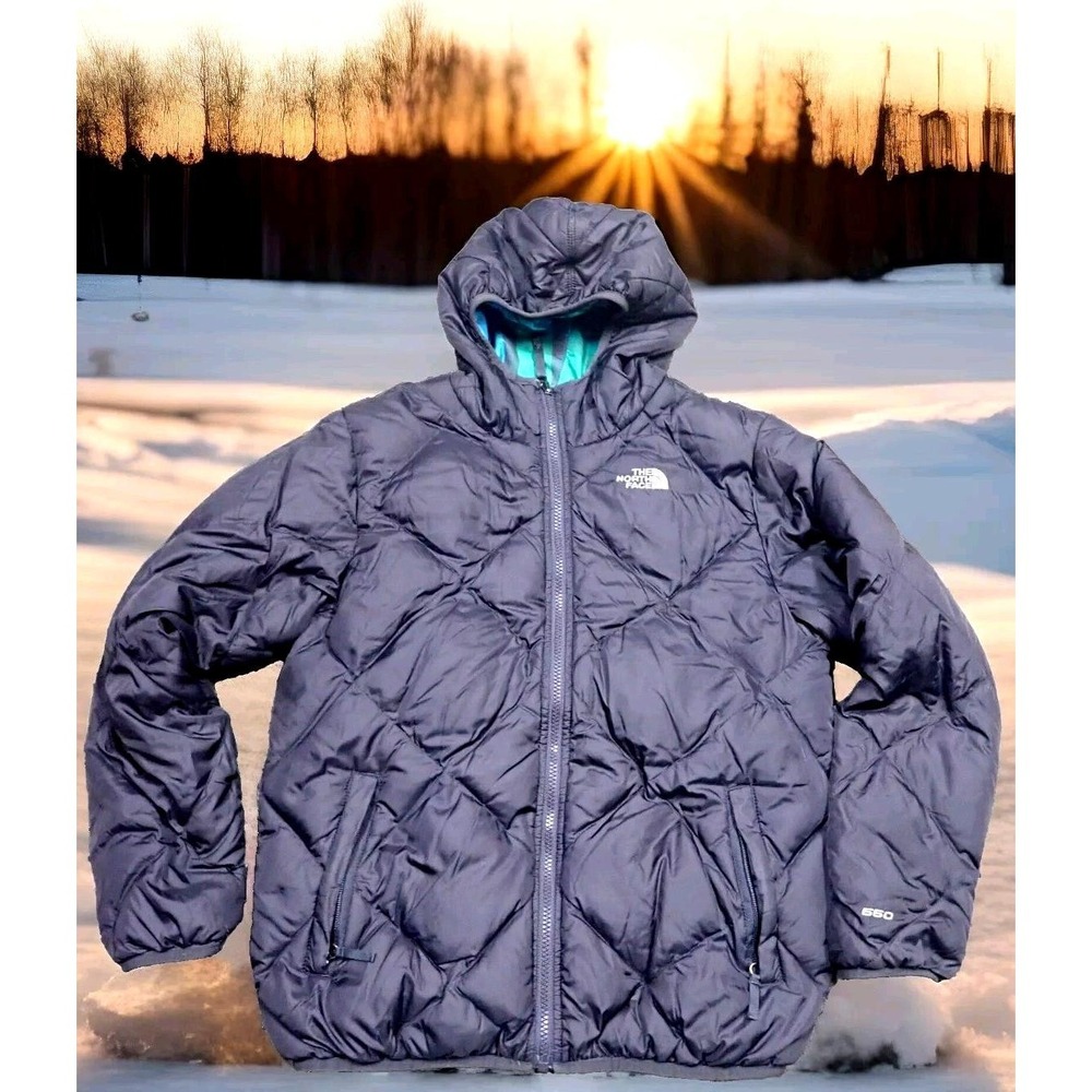 The North Face Puffer Jacket Girls XL 18‎ Gray Excellent 550 Down Hooded Coat